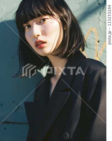 自然な表情を見せる都会的な日本人女性のポートレート 自然な表情を見せる都会的な日本人女性のポートレート 113233284