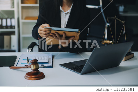 Businessman and Male lawyer or judge consult having team meeting with client, Law and Legal services concept. 113233591
