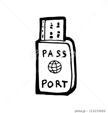Passport, a digital art of travel passport with boarding pass hand drawn icon illustration isolated on white background. 113233920