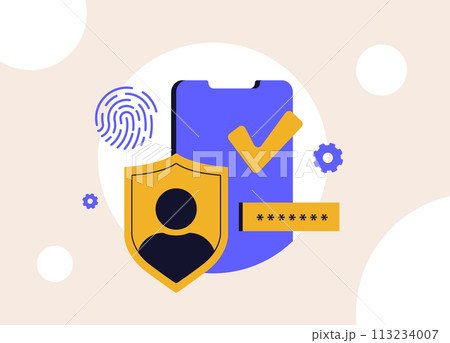 Passwordless authentication. Zero Sign-On, Shield, sign-in form, password and biometric authentication with fingerprint identification for secure accounts and online protection. Vector illustration 113234007