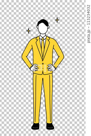 両手を腰に当てたスーツ姿のビジネスマンのシンプルな線画イラスト 113234032