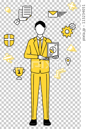 An image of DX, a simple line drawing illustration of a businessman in a suit who uses digital technology to improve business 113234051