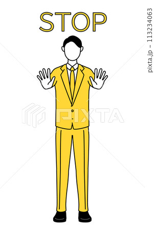 ストップの合図、体の前に手を突き出すスーツ姿のビジネスマンのシンプルな線画イラスト ストップの合図、体の前に手を突き出すスーツ姿のビジネスマンのシンプルな線画イラスト 113234063