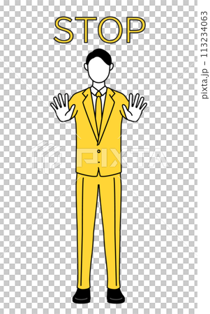 ストップの合図、体の前に手を突き出すスーツ姿のビジネスマンのシンプルな線画イラスト ストップの合図、体の前に手を突き出すスーツ姿のビジネスマンのシンプルな線画イラスト 113234063