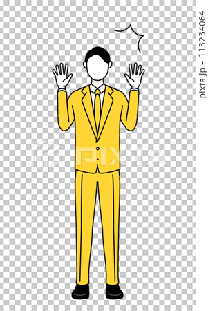 驚いて手を上げるスーツ姿のビジネスマンのシンプルな線画イラスト 驚いて手を上げるスーツ姿のビジネスマンのシンプルな線画イラスト 113234064