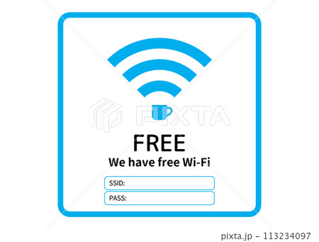 Wi-Fiマーク IDとパスワード記載ができる英語のフリーWi-Fi案内のイラスト Wi-Fiマーク IDとパスワード記載ができる英語のフリーWi-Fi案内のイラスト 113234097