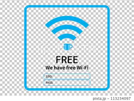 Wi-Fiマーク IDとパスワード記載ができる英語のフリーWi-Fi案内のイラスト Wi-Fiマーク IDとパスワード記載ができる英語のフリーWi-Fi案内のイラスト 113234097