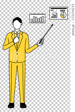 A simple line drawing illustration of a businessman in a suit who analyzes a performance graph A simple line drawing illustration of a businessman in a suit who analyzes a performance graph 113234233