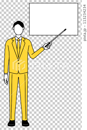 A simple line drawing illustration of a businessman in a suit pointing at a whiteboard with a pointing stick A simple line drawing illustration of a businessman in a suit pointing at a whiteboard with a pointing stick 113234234