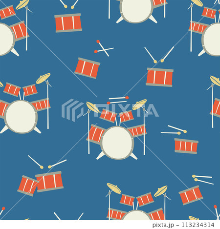 Drum musical instrument seamless pattern cute background backdrop wallpaper element illustration simple minimal vector design Drum musical instrument seamless pattern cute background backdrop wallpaper element illustration simple minimal vector design 113234314
