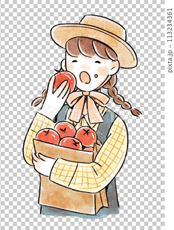 Woman in straw hat about to eat a tomato Woman in straw hat about to eat a tomato 113234361