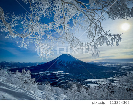 晴れた日の冬の朝に見た雪景色のニセコ羊蹄山の風景 晴れた日の冬の朝に見た雪景色のニセコ羊蹄山の風景 113234362