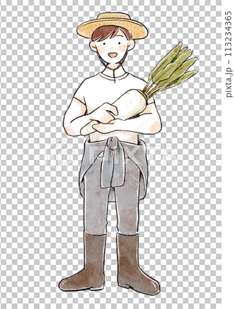大根を持った農家の作業着の男性 113234365