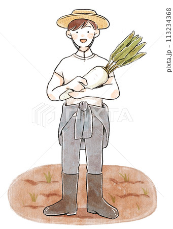 大根を持った農家の作業着の男性 113234368