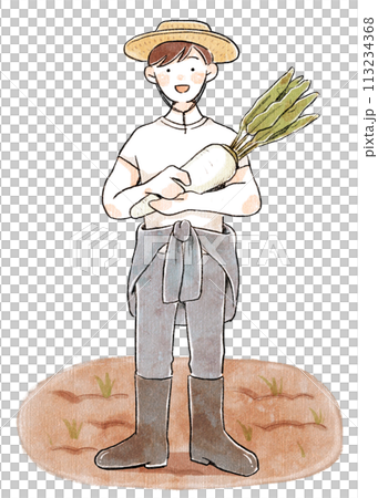 A man in farmer's work clothes holding a radish 113234368