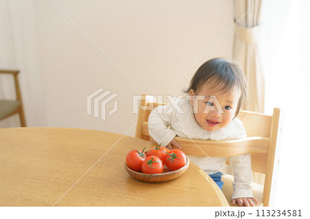 食卓につく笑顔の赤ちゃん 113234581