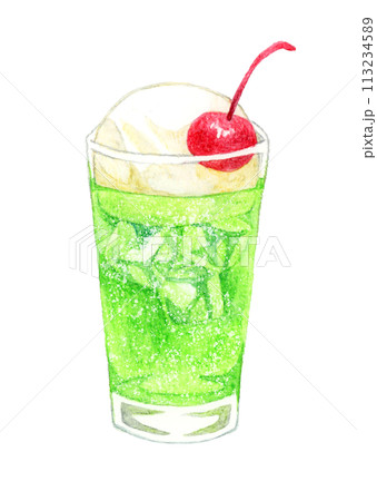 メロンクリームソーダ(ソーダフロート) 飲み物の手描き水彩イラスト素材 メロンクリームソーダ(ソーダフロート) 飲み物の手描き水彩イラスト素材 113234589