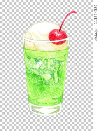 メロンクリームソーダ(ソーダフロート) 飲み物の手描き水彩イラスト素材 メロンクリームソーダ(ソーダフロート) 飲み物の手描き水彩イラスト素材 113234589