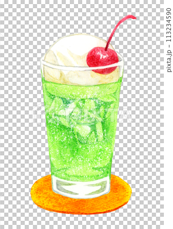 Melon cream soda (soda float) hand-drawn watercolor illustration material of drink 113234590