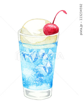 青色のクリームソーダ（ソーダフロート） 飲み物の手描き水彩イラスト