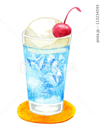 青色のクリームソーダ（ソーダフロート）　飲み物の手描き水彩イラスト素材 113234593