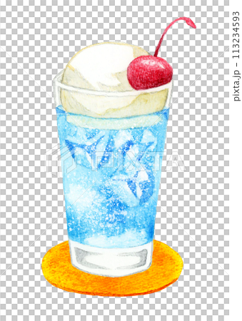 青色のクリームソーダ（ソーダフロート） 飲み物の手描き水彩イラスト