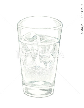 透明の炭酸水、サイダー、ソーダ、ラムネ　飲み物の手描き水彩イラスト素材 113234594