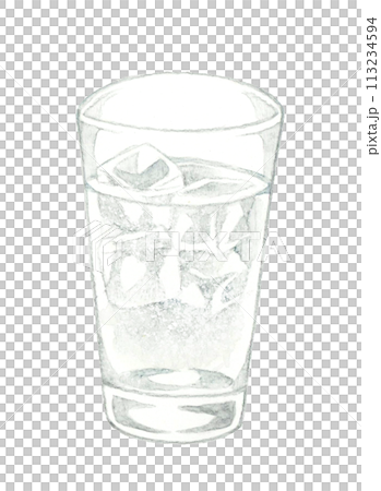 透明の炭酸水、サイダー、ソーダ、ラムネ　飲み物の手描き水彩イラスト素材 113234594