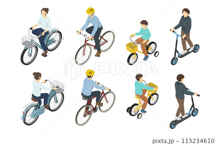 アイソメトリックイラスト:自転車に乗る人々いろいろセット 113234610