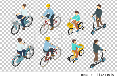 アイソメトリックイラスト:自転車に乗る人々いろいろセット 113234610