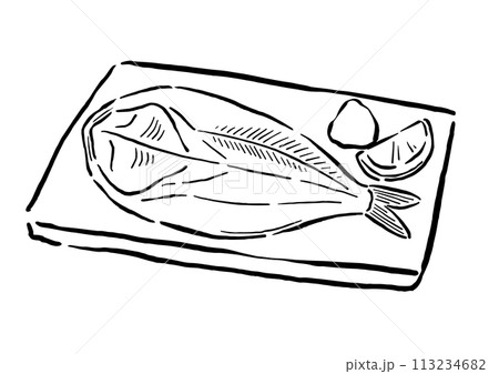 ほっけの干物の焼き魚　筆の線画イラスト 113234682