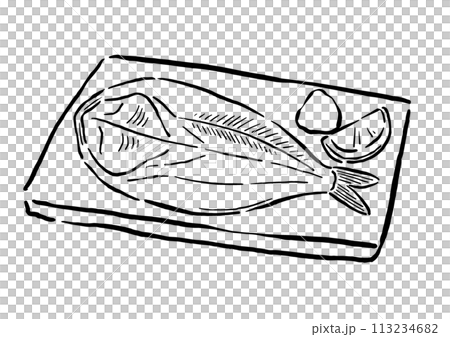 ほっけの干物の焼き魚　筆の線画イラスト 113234682