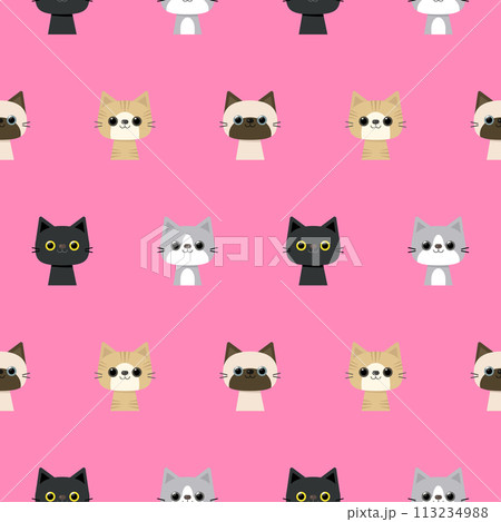 Kids seamless pattern cute kitten cats hand drawn pink background vector illustration 113234988