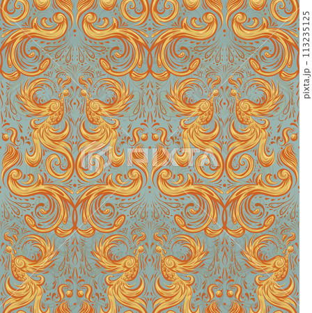 Vector vintage pattern with decorative birds. Ornamental luxury texture with phoenixes for fabrics, wallpaper and curtains. Vector vintage pattern with decorative birds. Ornamental luxury texture with phoenixes for fabrics, wallpaper and curtains. 113235125