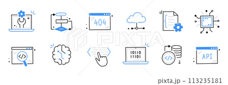 Software code icon doodle set. Hand drawn line sketch software coding doodle. Computer program build technology, data operate, application product test icon. Program build vector 113235181