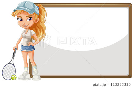 Sporty Girl with Tennis Racket Illustration Sporty Girl with Tennis Racket Illustration 113235330