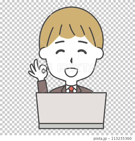 A man in a suit giving an OK sign in front of a computer A man in a suit giving an OK sign in front of a computer 113235360