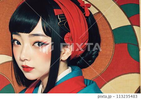 カラフルな着物を着た女性 浮世絵美人画 113235483