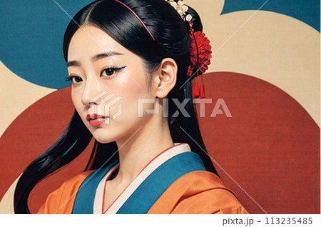 オレンジ色の着物を着た女性 浮世絵美人画 113235485