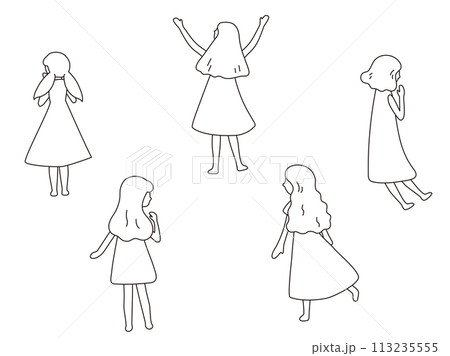 ワンピースを着た女性の後ろ姿イラストセット、線画のイラスト素材