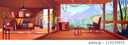Living room and cabin terrace with mountain view 113235655