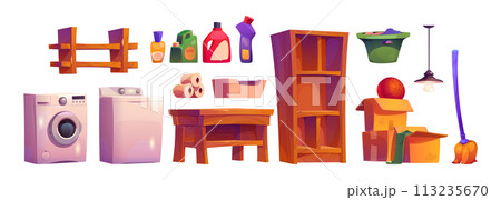 Basement laundry interior for house storage room 113235670