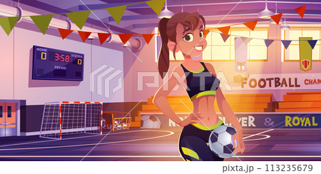 Girl with ball in school court for soccer cartoon Girl with ball in school court for soccer cartoon 113235679