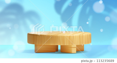 3d wooden round podium platform on blue background 113235689