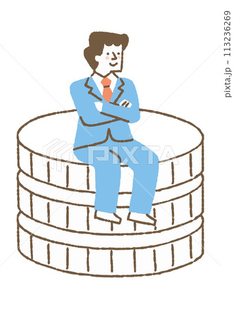 大きなお金の上に座るスーツを着た男性_色 113236269