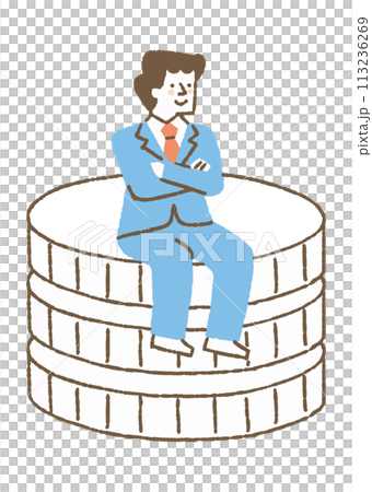大きなお金の上に座るスーツを着た男性_色 113236269