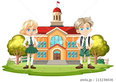 Happy Schoolchildren Outside School Building Happy Schoolchildren Outside School Building 113236636
