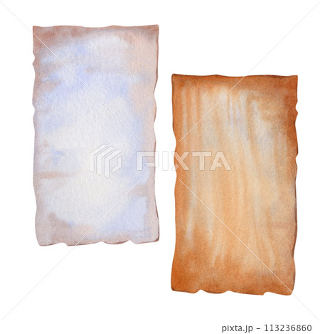 Watercolor old parchment paper scroll sheet, vintage age texture isolated on white background for stylish Book Day, scrapbook, libraries, website, sticker, border, certificate, label, invitation 113236860