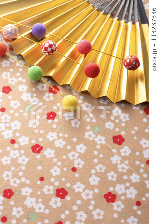 正月飾りと金色の扇の和風イメージ 113237336