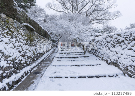 冬の京都　大原　雪景色の三千院参道　茅穂橋（未明橋） 113237489